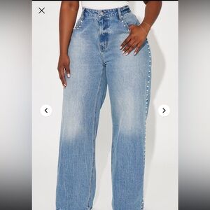 Fashion Nova Light Blue Wide Leg Pearl-Trim Jeans